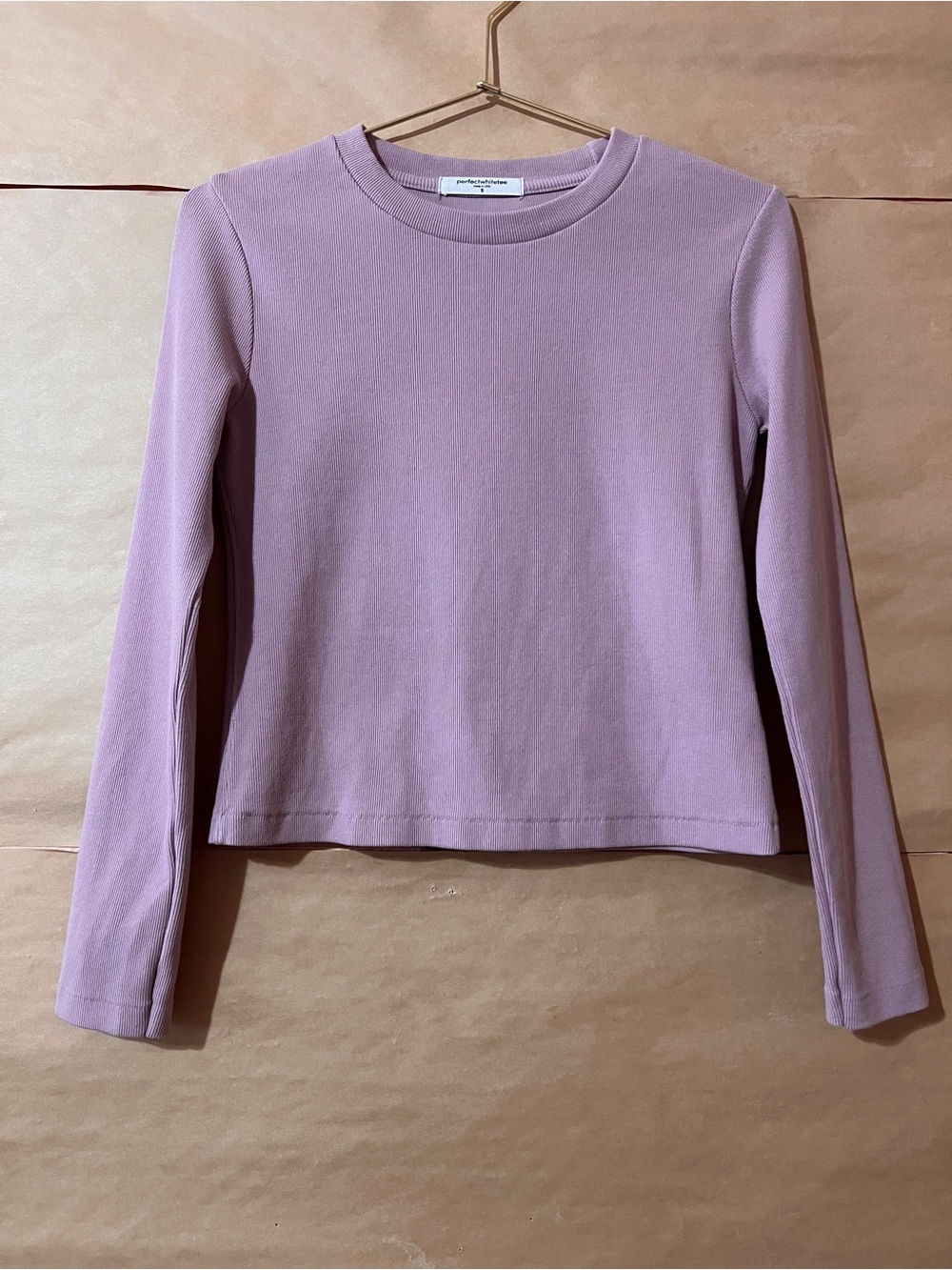 PerfectWhiteTee | Foxx Ribbed Long Sleeve Top Crewneck Crop Pink Mauve Size S